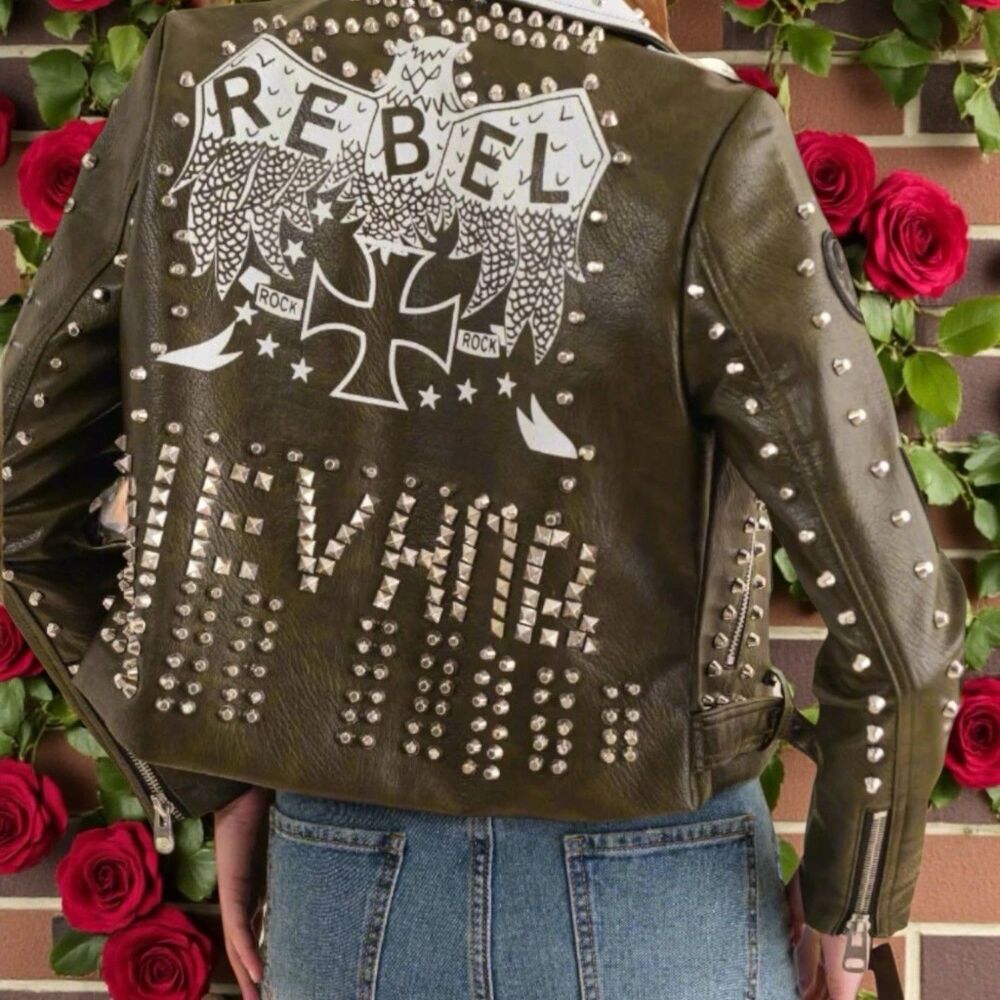 Blue B NWT Studded Vegan Leather Moto Jacket – Fantasy Rebel Look, Size Small